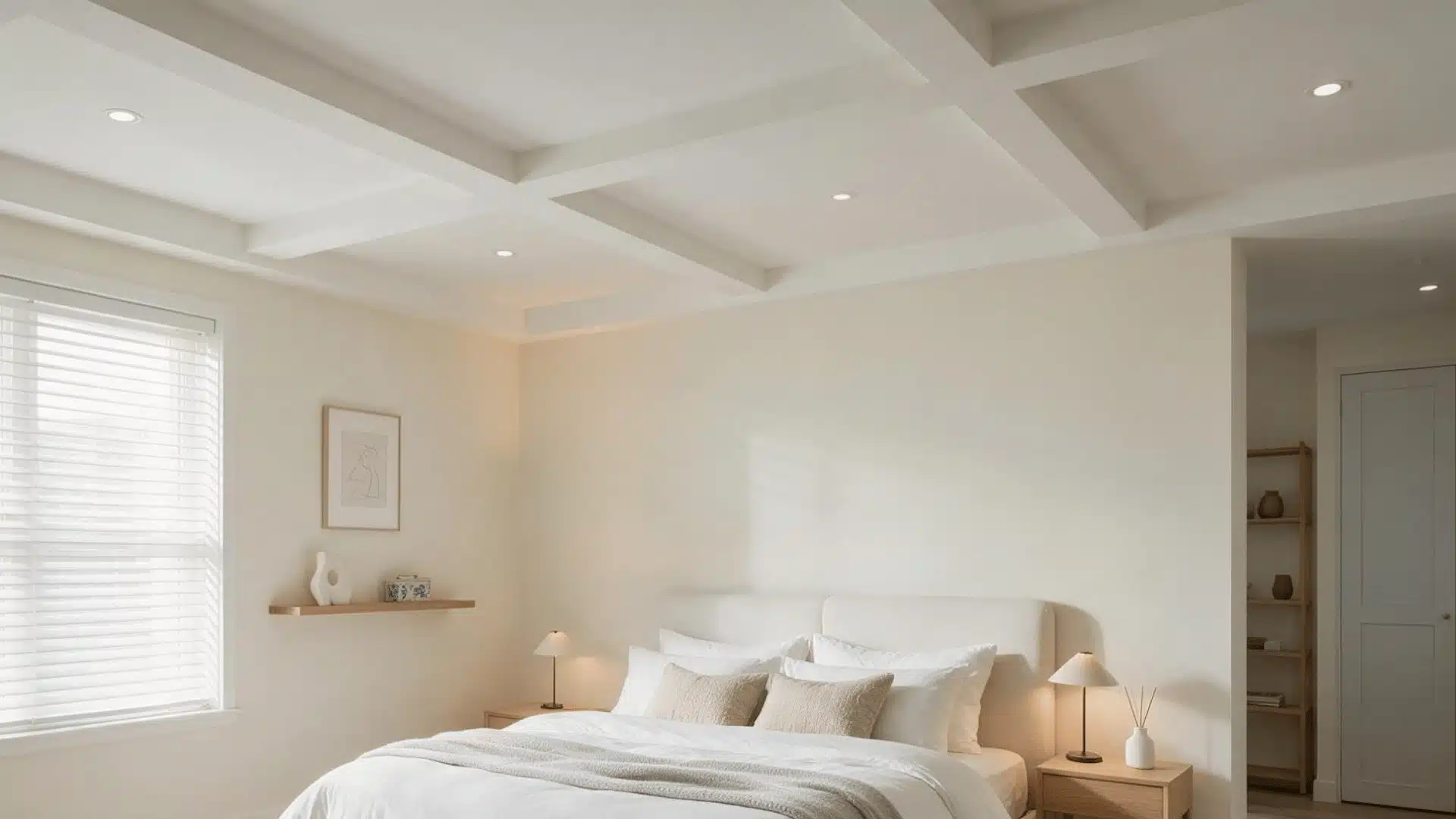 Minimal bedroom with a white coffered ceiling, recessed lights, and neutral decor