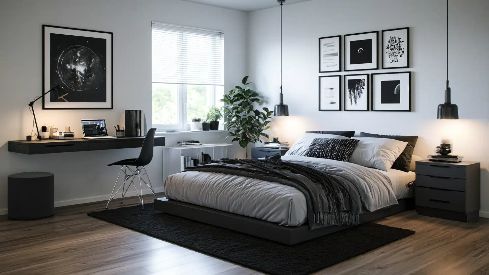 Minimalist monochrome bedroom with black furniture, gray bedding, modern pendant lights, wall art, workspace, and indoor plants.