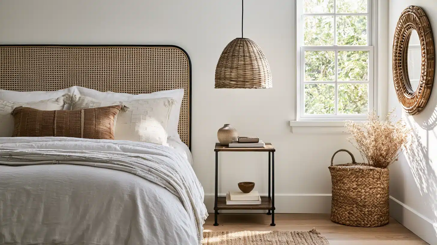 Modern <echighlighted><echighlighted>boho bedroom</echighlighted></echighlighted> with a rattan headboard, woven pendant light, black metal side table, round mirror, basket, and soft neutral bedding.