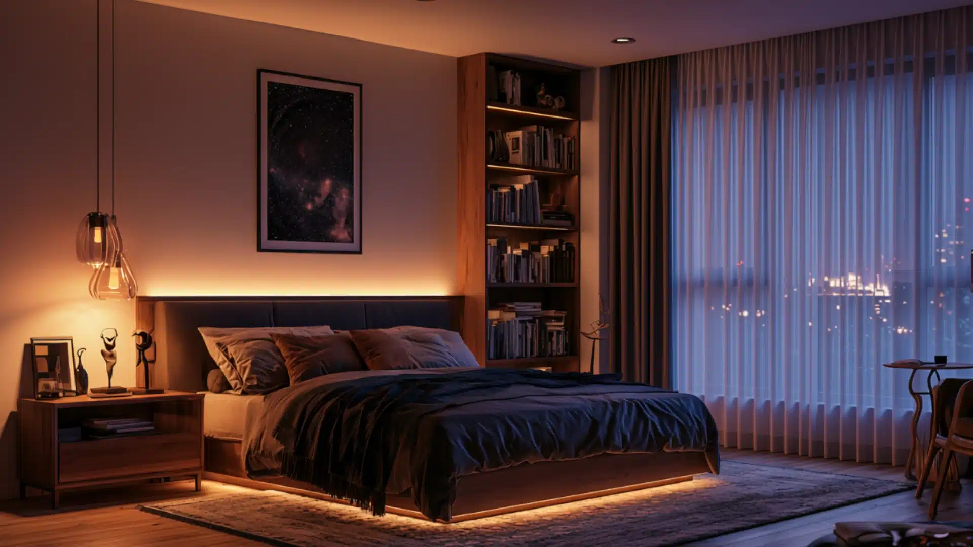 Modern bedroom with dramatic pendant lighting, warm LED accents, built-in bookshelf, dark bedding, and floor-to-ceiling curtains.
