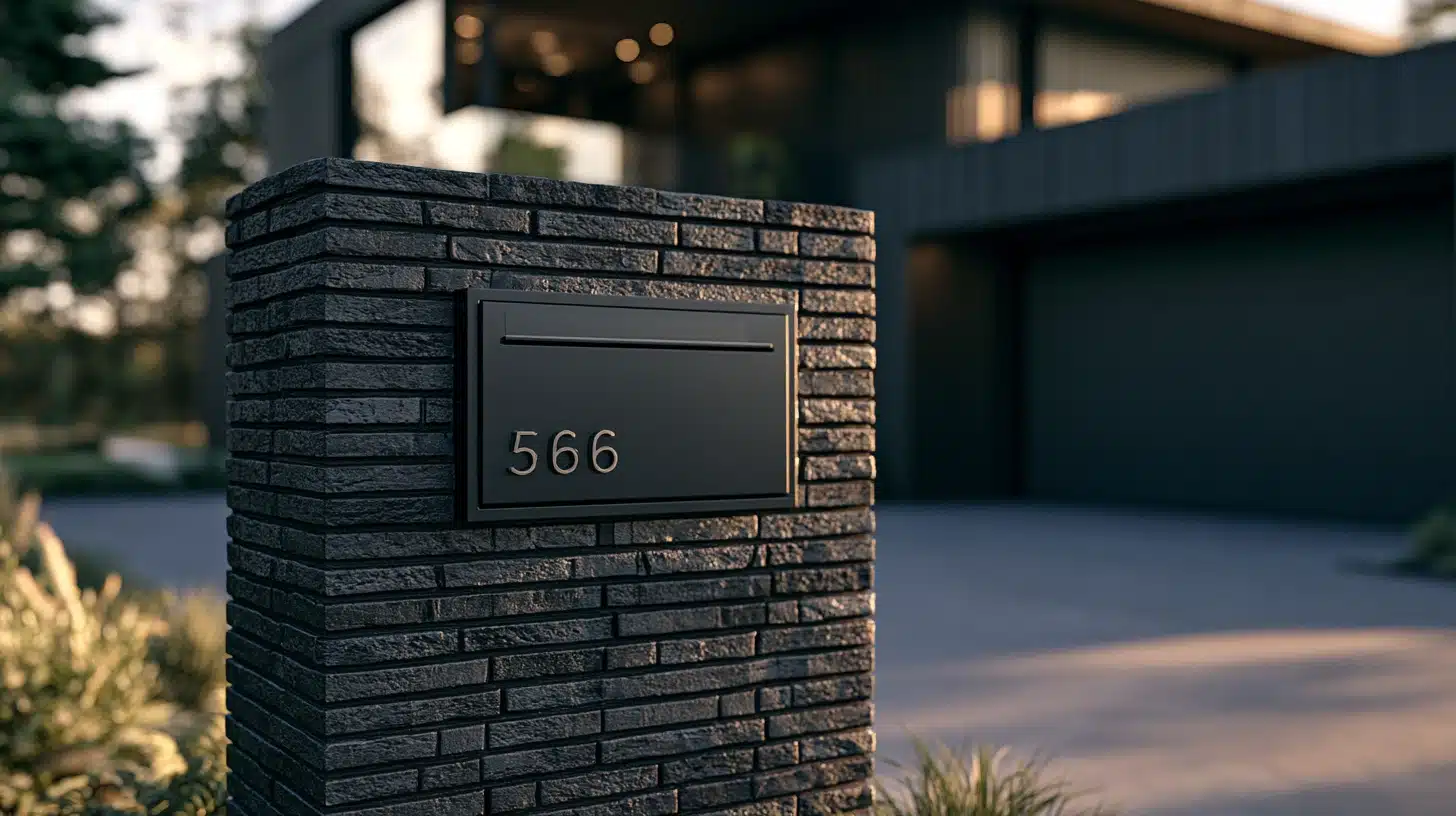 Modern black brick mailbox with metal accents, featuring a house number prominently displayed on the front.