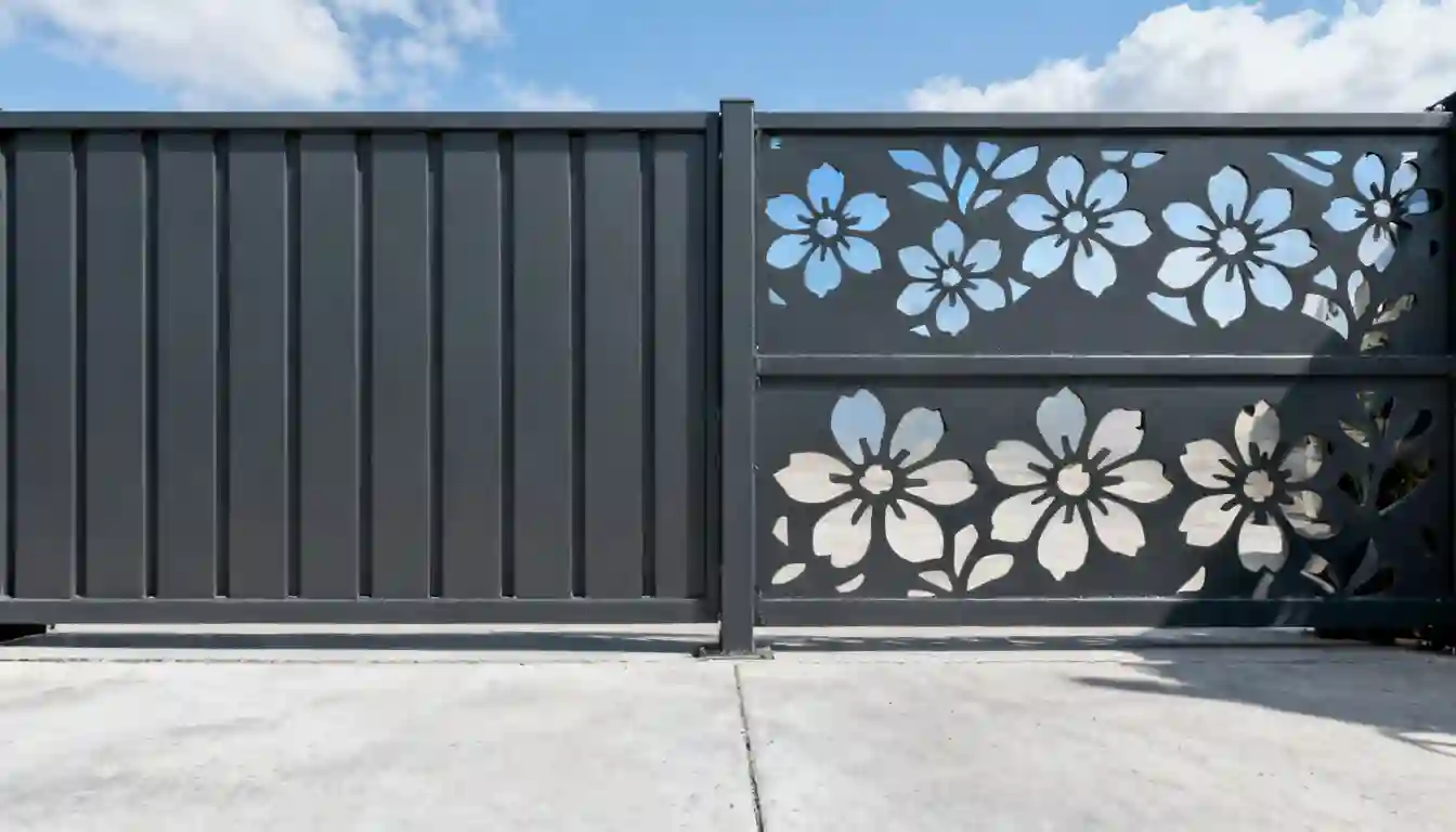 Modern dark gray metal gate with a solid section and a decorative floral cutout section against a blue sky.