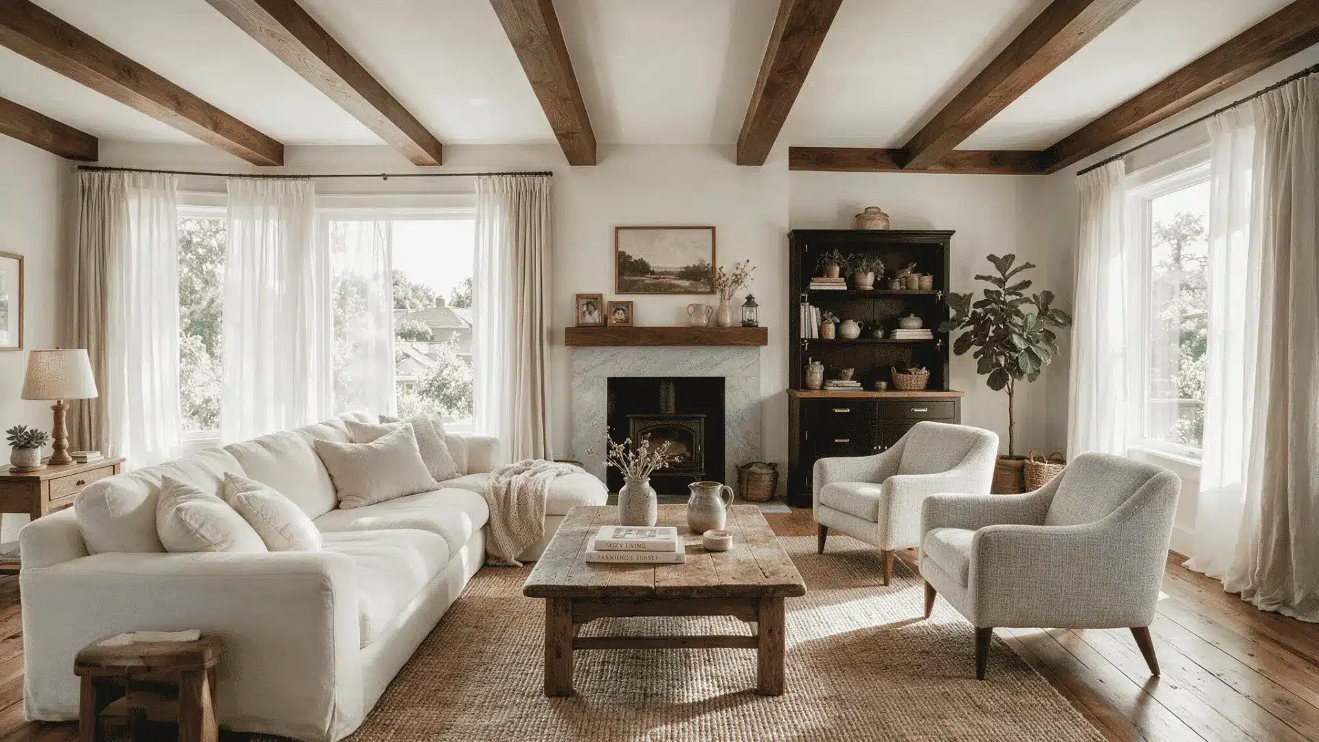 Modern farmhouse living room with dark wood ceiling beams and white panels