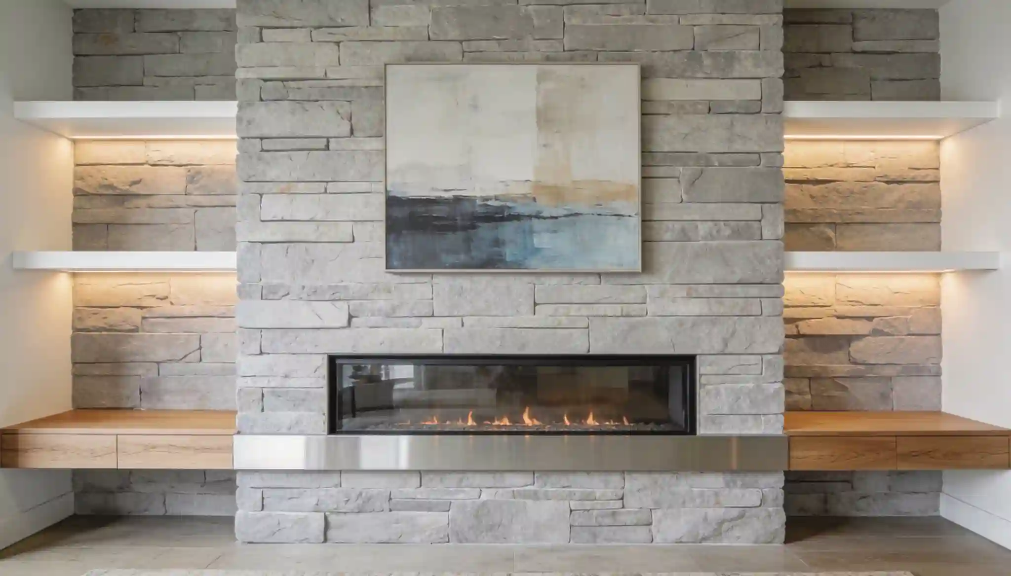 Modern living room with a stone fireplace and built-in shelves and a gas fire.