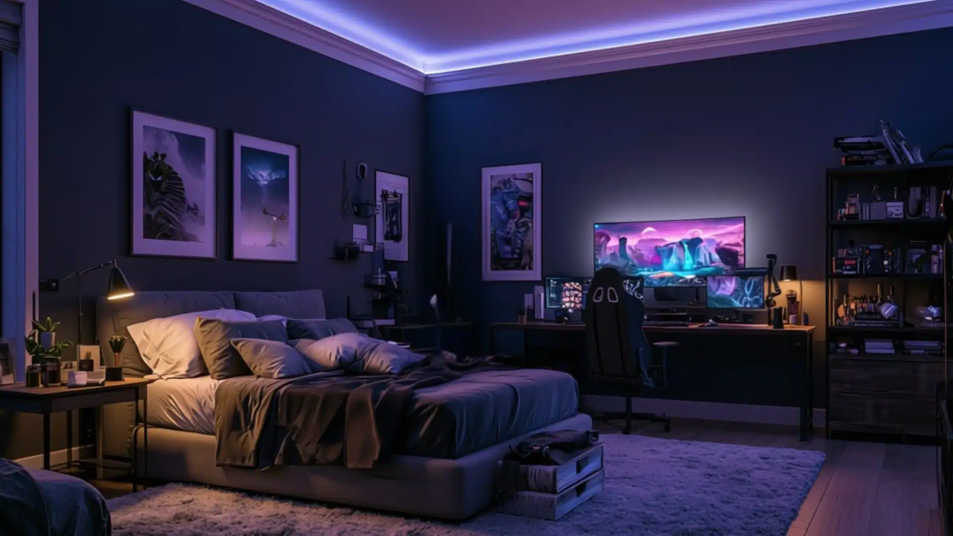 Modern gaming bedroom with dark walls, RGB ceiling lights, multi-monitor desk setup, cozy bed, shelving, and atmospheric lighting.