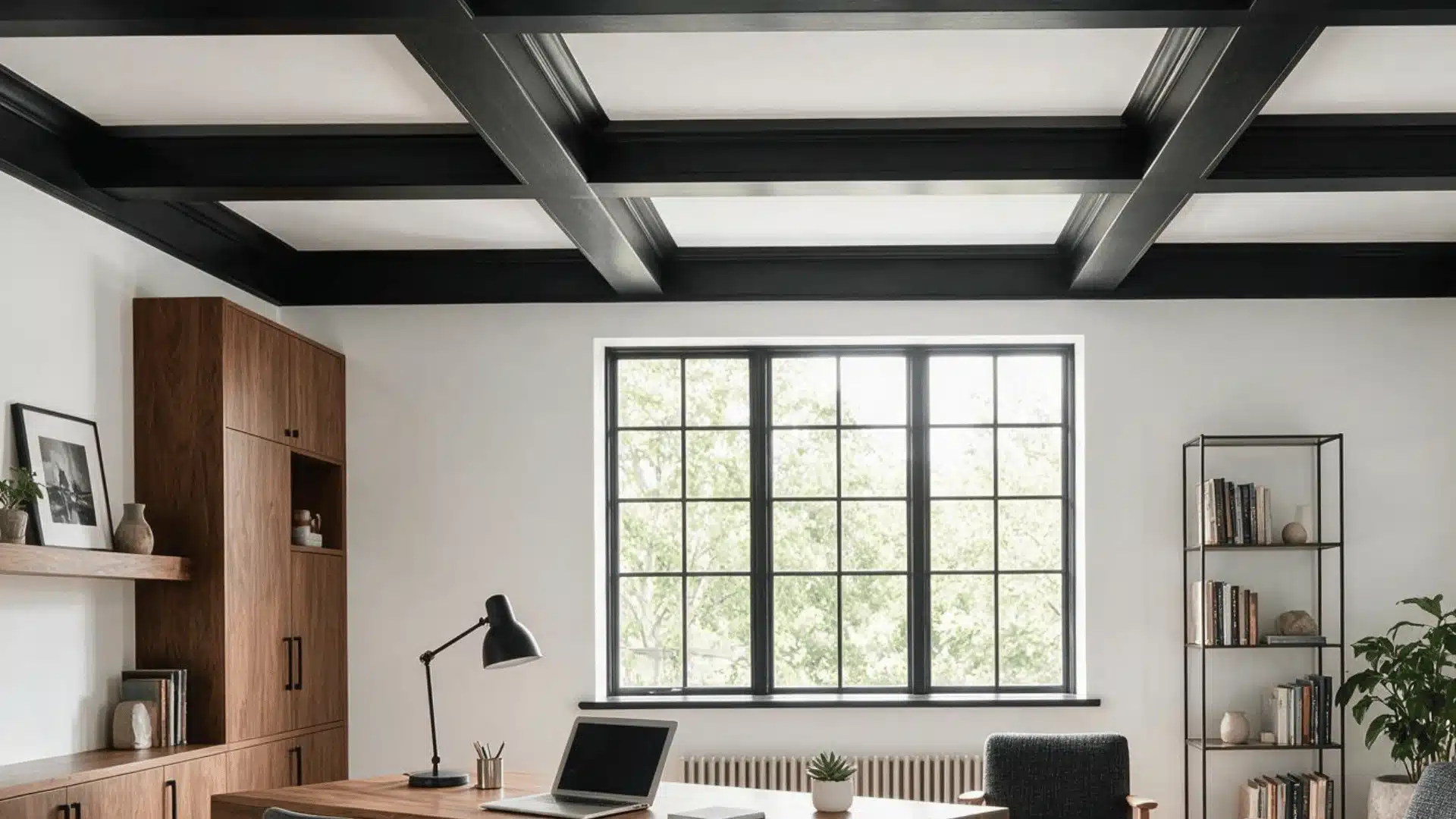 Modern home office with black coffered ceiling beams and white recessed panels