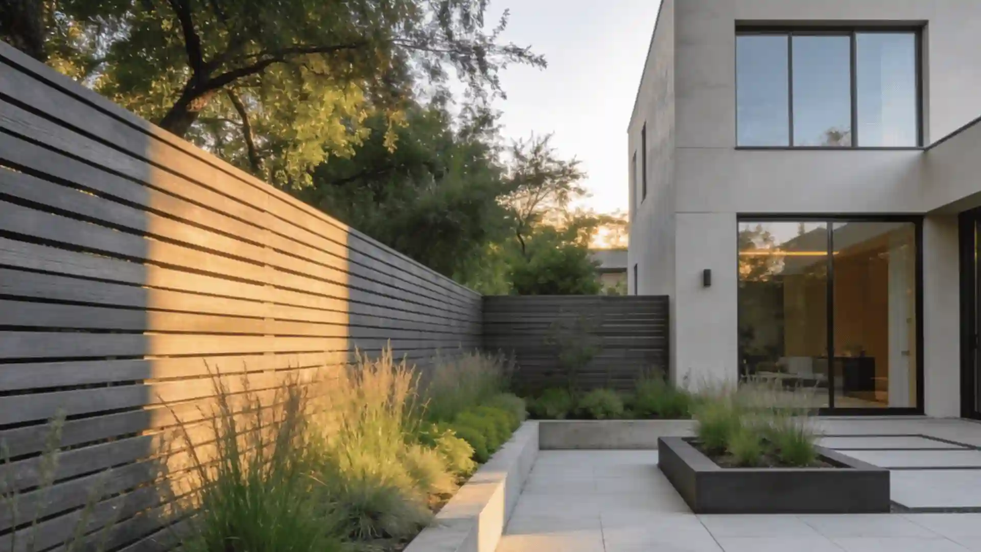 Modern home with a slatted wooden fence, landscaping, and large glass doors.