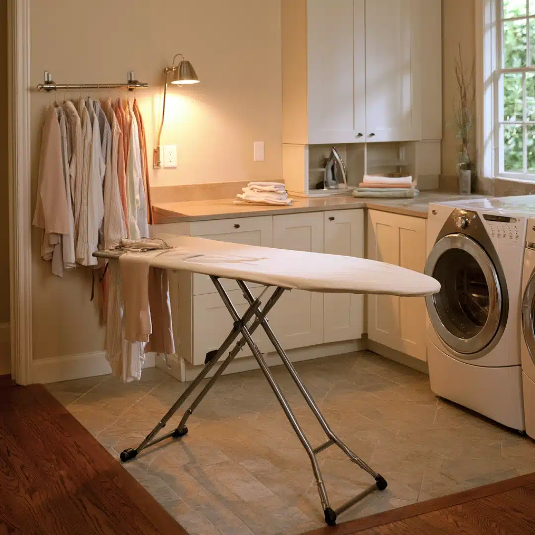 Laundry room with full ironing board, hanging clothes, cabinets, and washer.