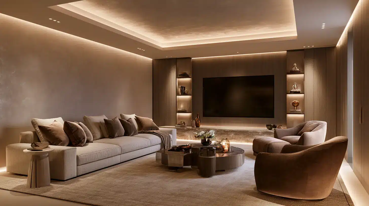 Modern living room with a sectional sofa, two armchairs, a round coffee table, and a wall-mounted television flanked by illuminated shelves.