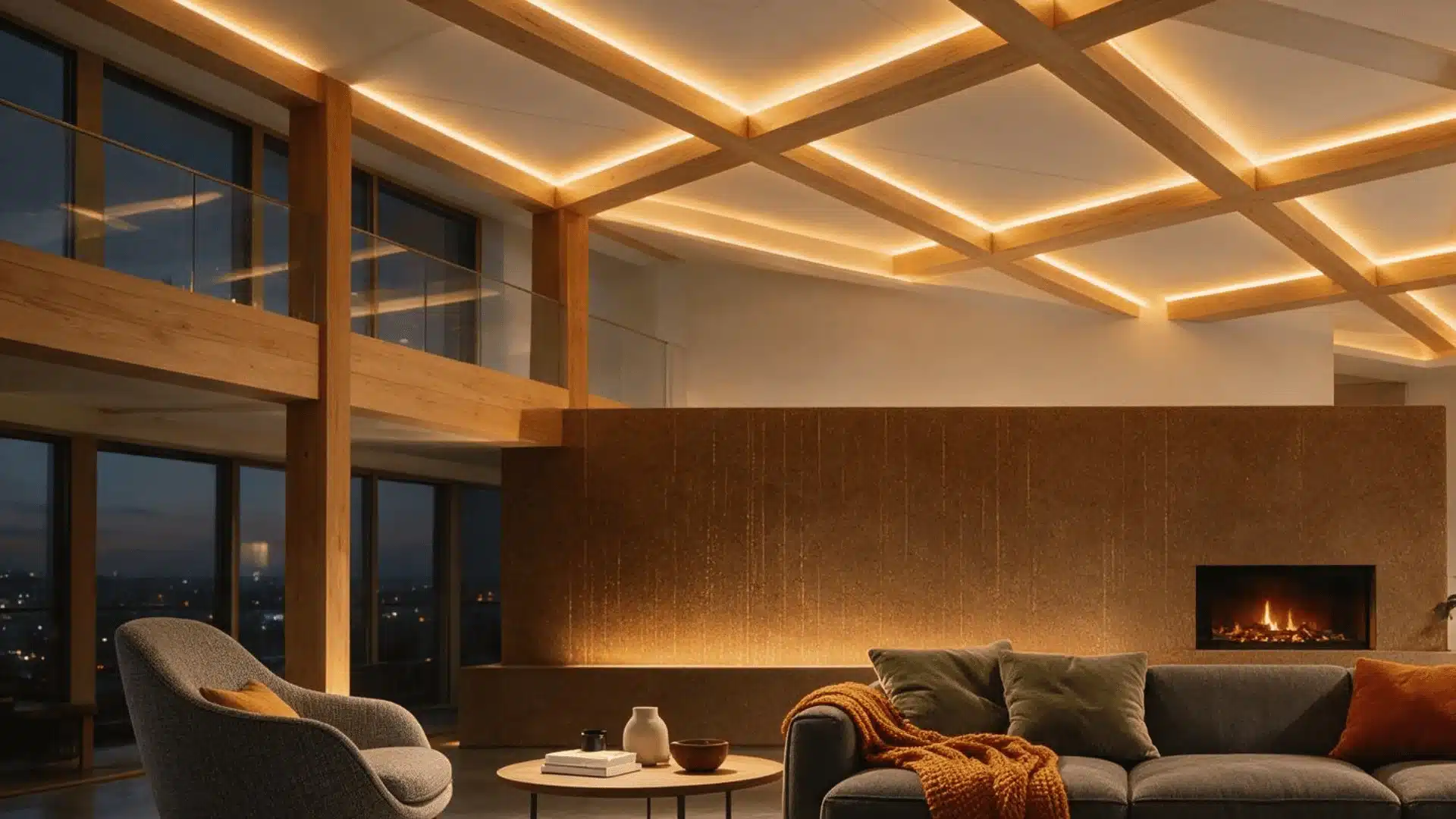Modern living room with wood coffered ceiling and hidden LED strip lighting