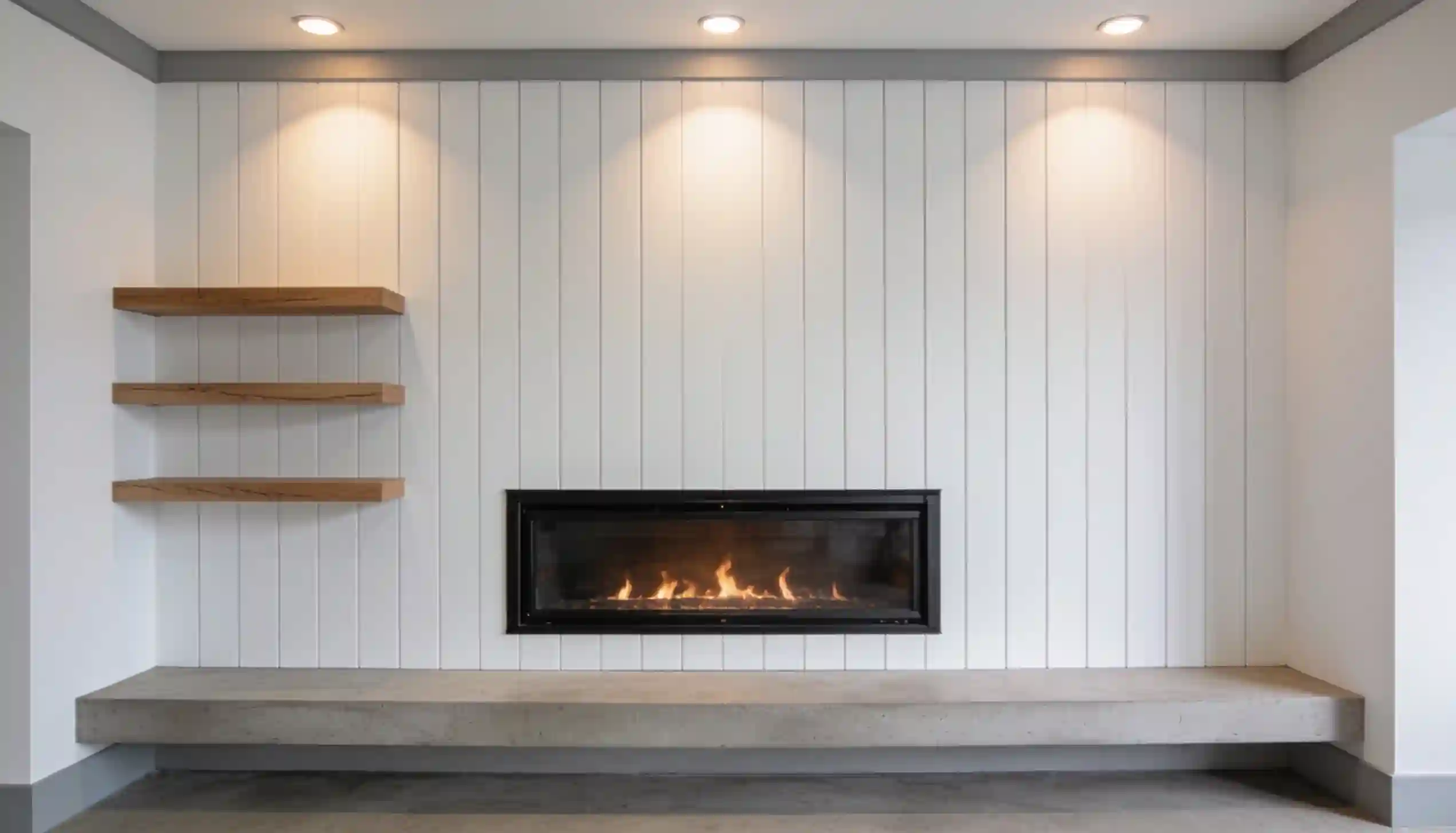 Modern living room feature wall with a gas fireplace, concrete hearth, and three wooden floating shelves.