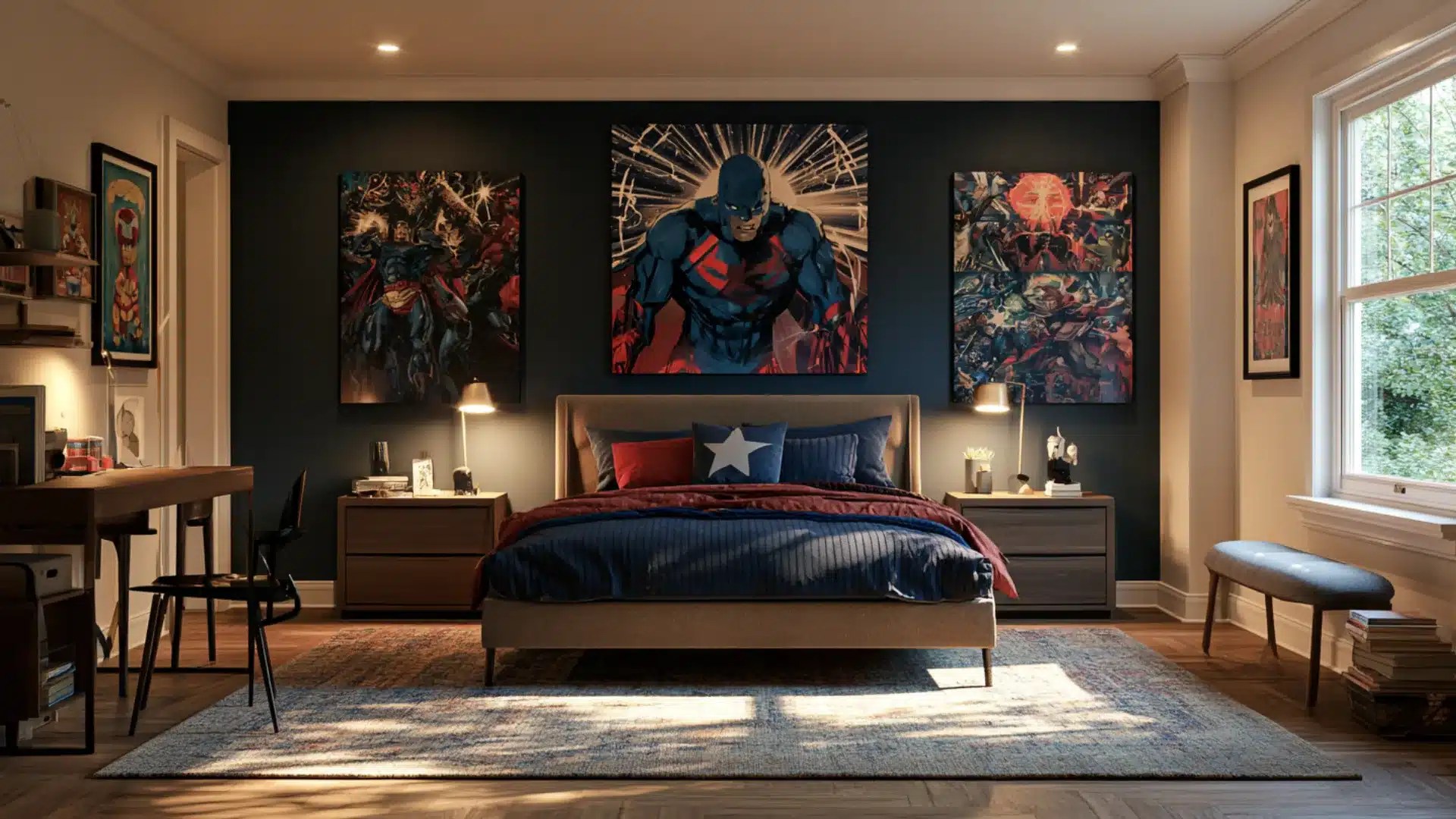 Modern superhero-themed bedroom with comic artwork, navy accent wall, cozy bed, wooden furniture, and warm lighting.