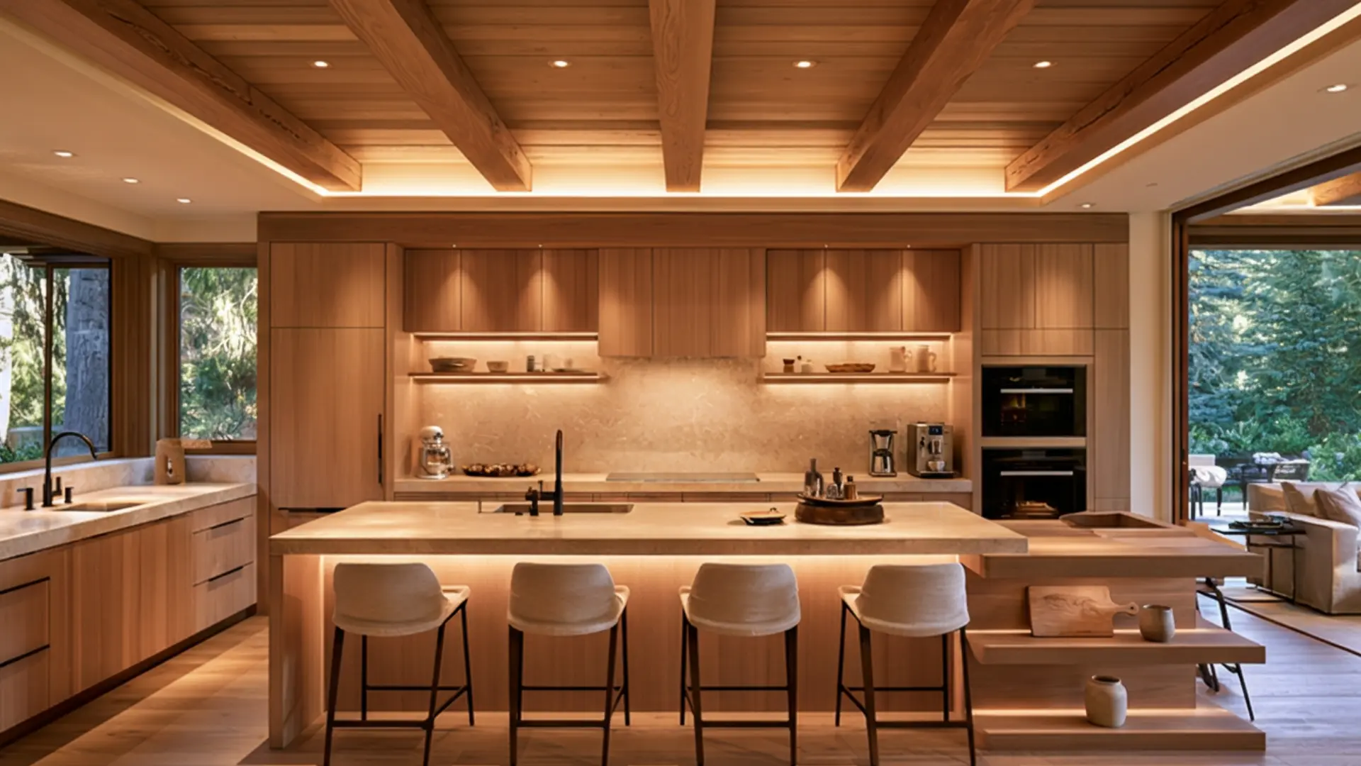 Modern wood-paneled kitchen with a large island, four bar stools, built-in appliances, open shelves, and windows overlooking trees.