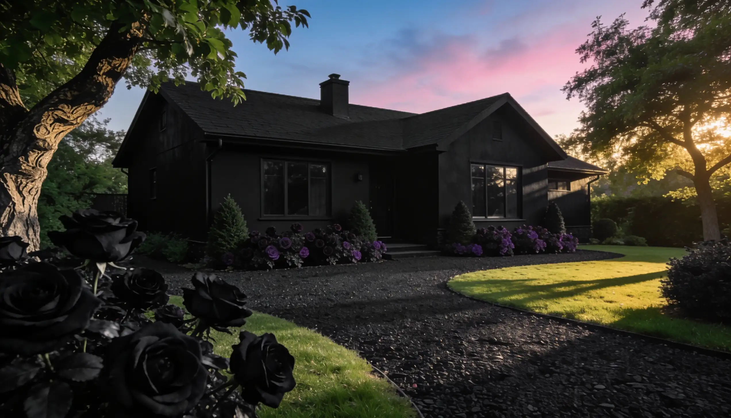 A striking black house surrounded by lush roses, creating an appealing and picturesque scene in the garden.