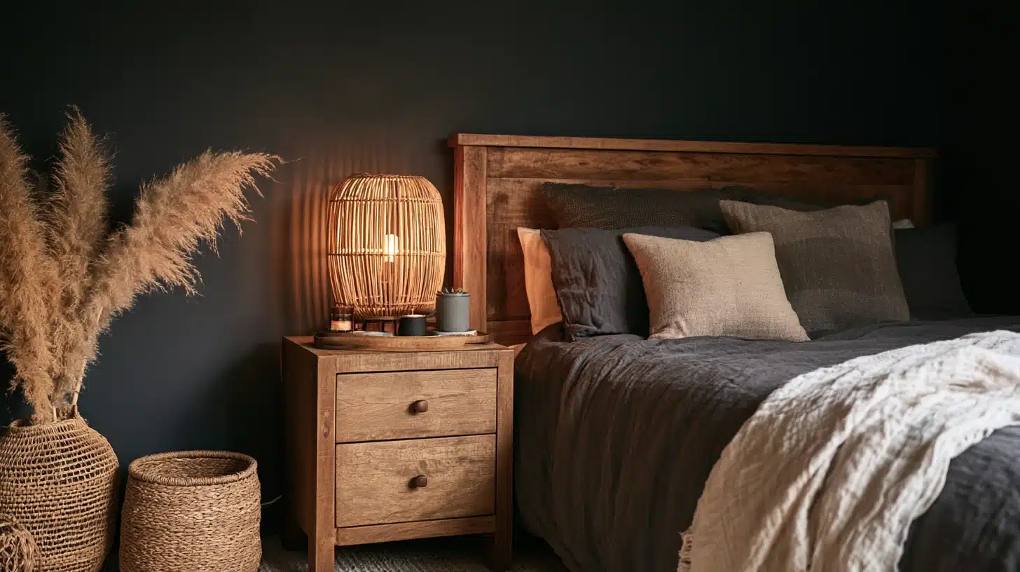 Moody <echighlighted><echighlighted>boho bedroom</echighlighted></echighlighted> with dark bedding, natural wood furniture, a rattan lamp, woven baskets, pampas grass, and warm soft lighting.
