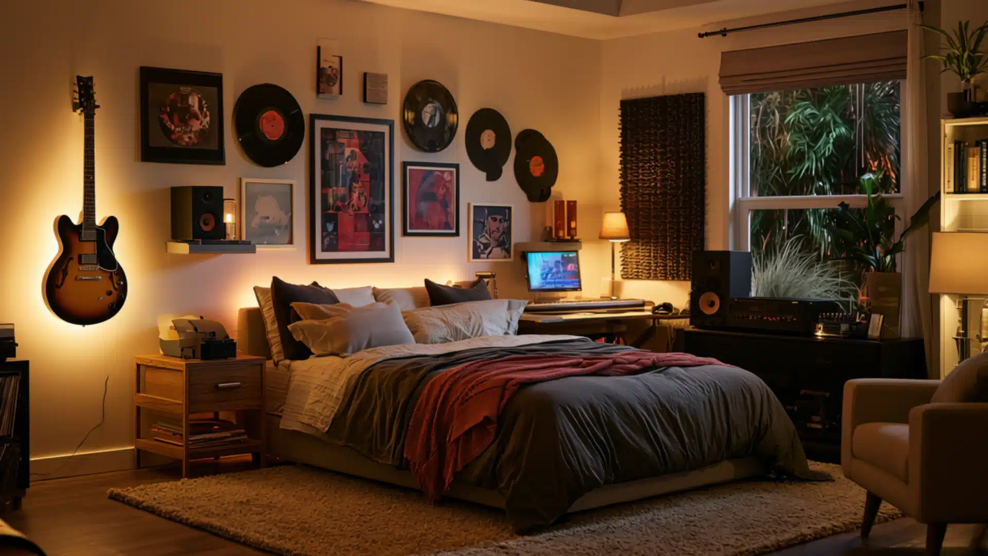 Music-themed bedroom with wall-mounted guitar, vinyl records, framed artwork, keyboard, speakers, cozy bedding, and warm ambient lighting.