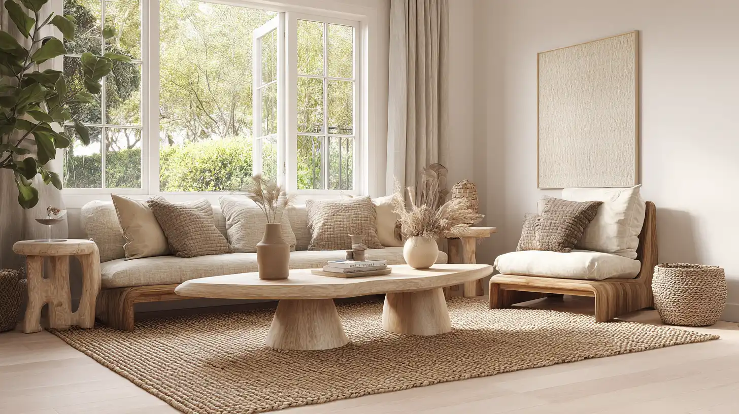 Organic modern living room featuring solid wood furniture neutral upholstery woven rug and natural decor accents