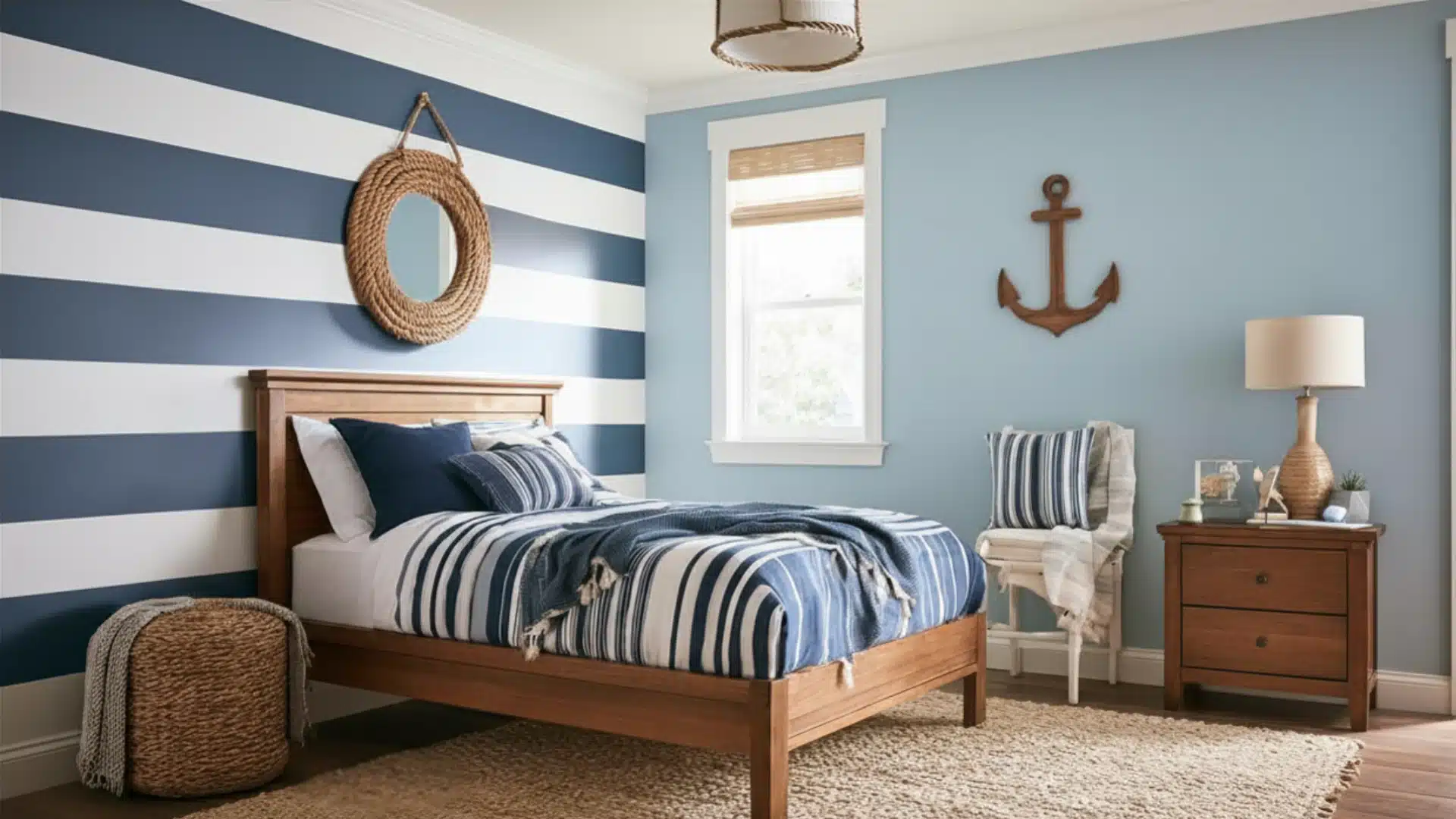 Nautical-themed bedroom with blue-and-white striped walls, a wooden bed with striped bedding, rope-framed mirror, anchor wall decor, armchair, dresser, and woven rug.