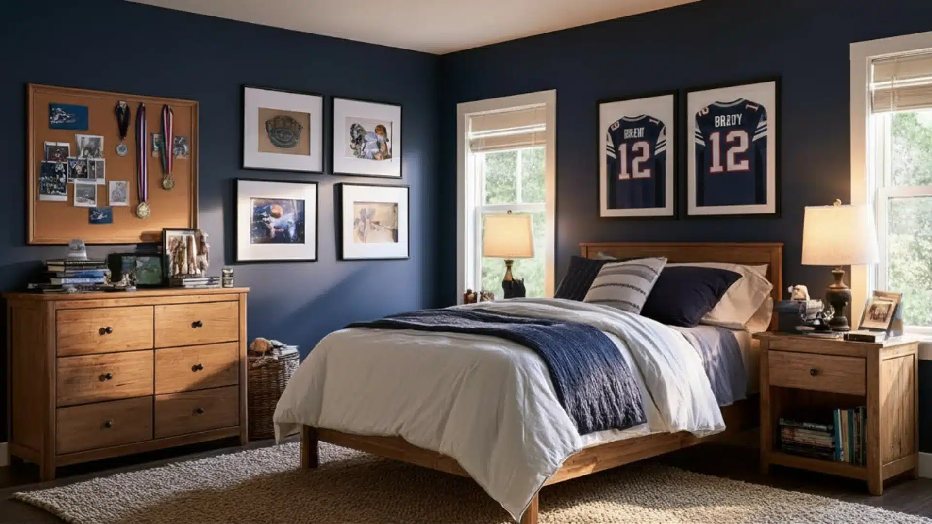 Navy blue bedroom with a neatly made wooden bed, framed football jerseys, family photos, dresser, bedside tables, and sunlit windows.