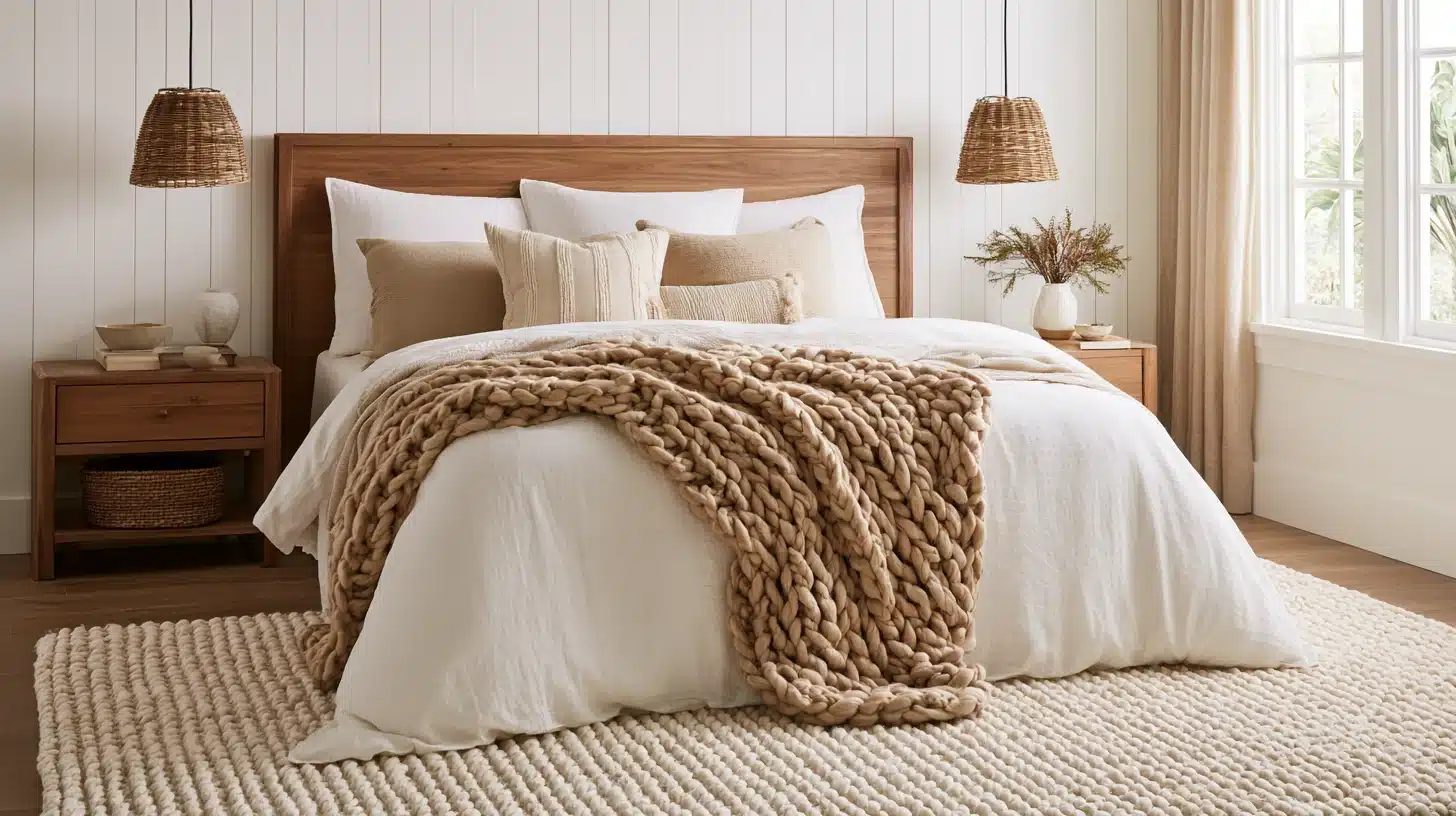 Neutral <echighlighted><echighlighted>boho bedroom</echighlighted></echighlighted> with a wooden bed, layered white bedding, chunky knit throw, woven lights, and warm natural textures.