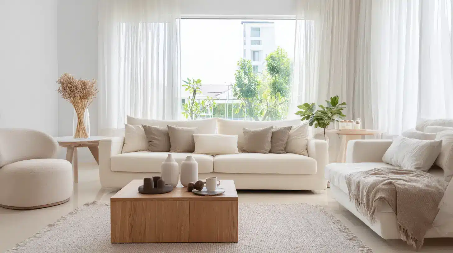 Neutral organic modern living room with white sofas light wood coffee table sheer curtains and soft natural light