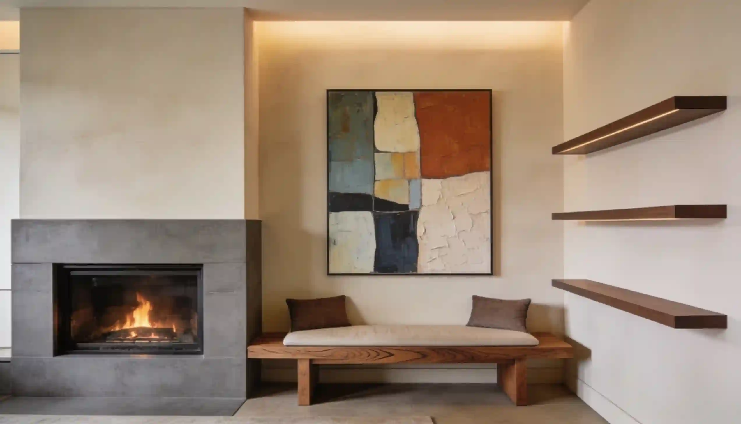Modern living room with a concrete fireplace, wooden bench with cushions, abstract art, and floating shelves.