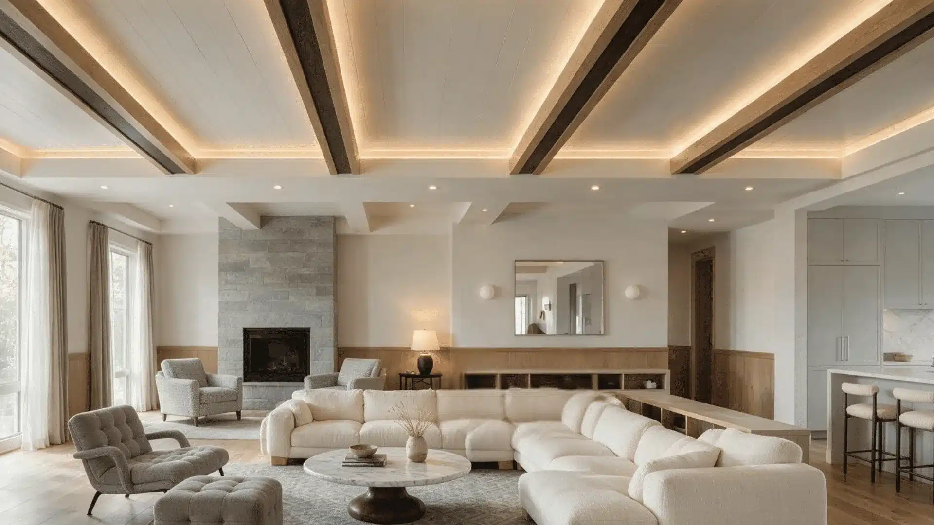 Open living room with wide coffered ceiling beams, fireplace, and neutral decor