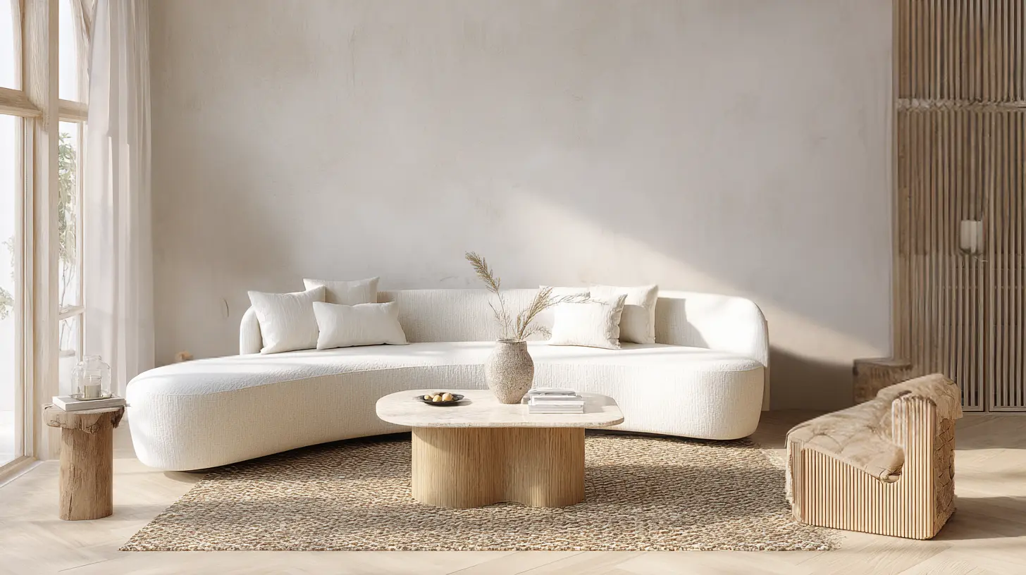 Organic modern living room with a curved white sofa sculptural wood coffee table textured rug neutral tones and soft natural sunlight