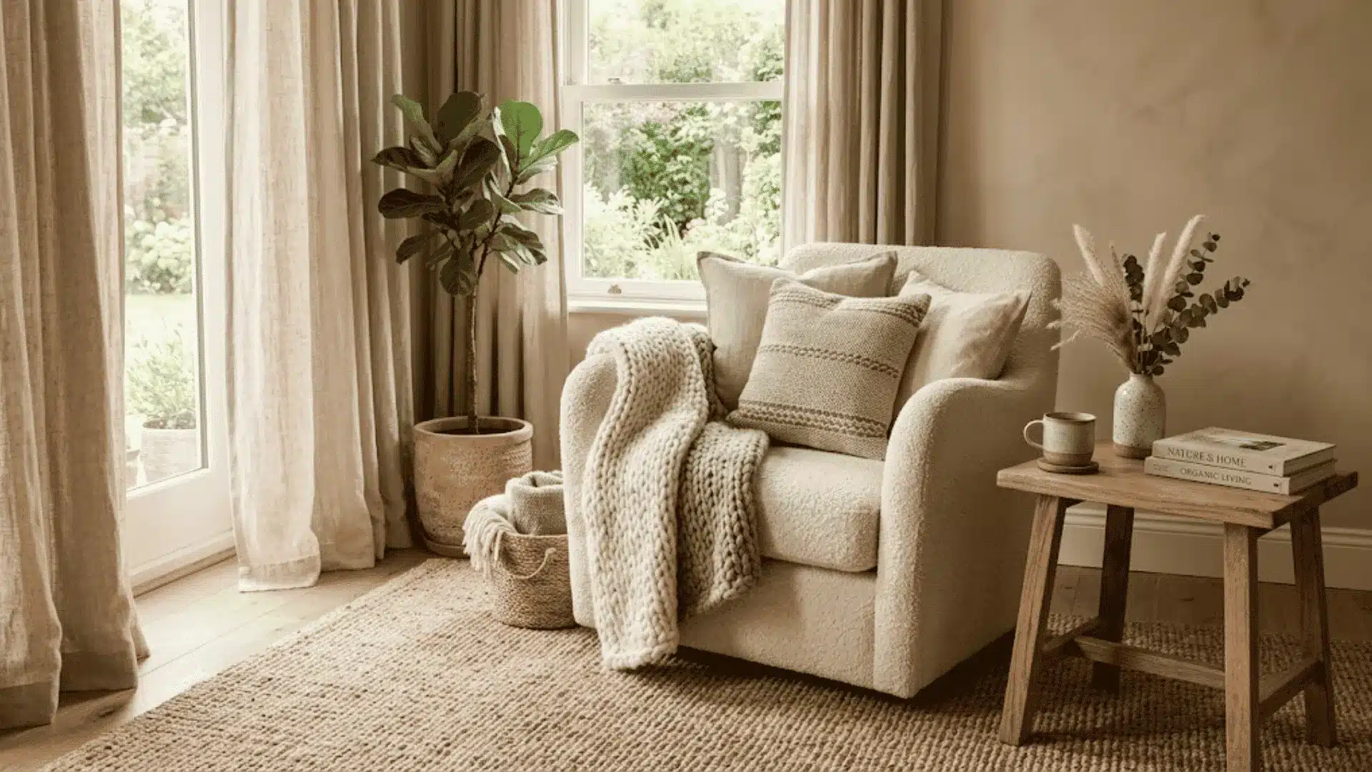 Organic modern reading corner with a cream chair and layered natural textures.