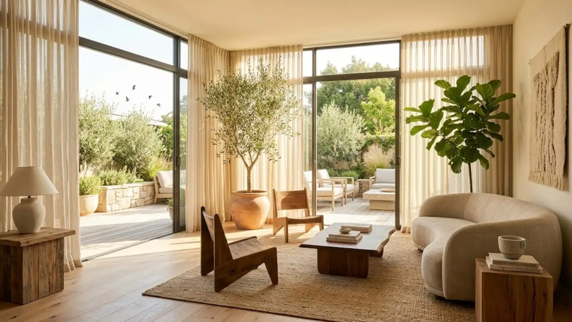 Sunlit organic modern living room with wood furniture and indoor greenery.