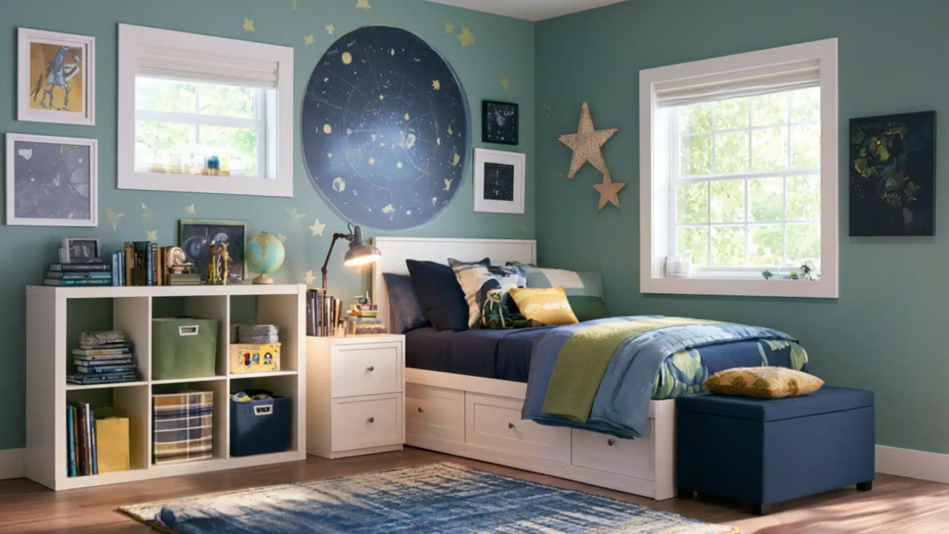 Organized bedroom with built-in bed drawers, cube shelving, storage bins, blue-green decor, celestial wall art, and compact furniture.