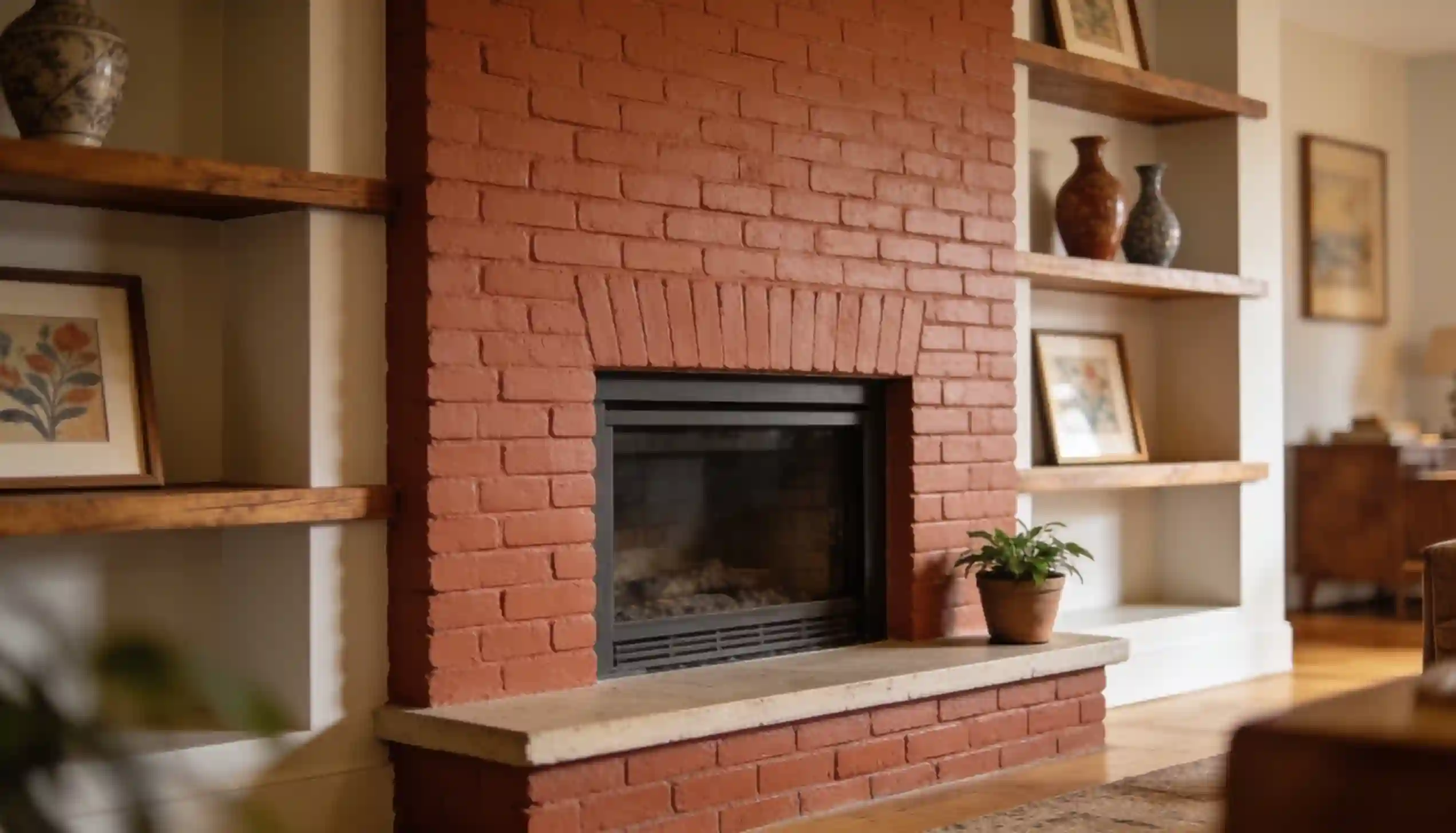 A red brick fireplace with a gas insert is flanked by built-in white shelves holding vases and framed art.