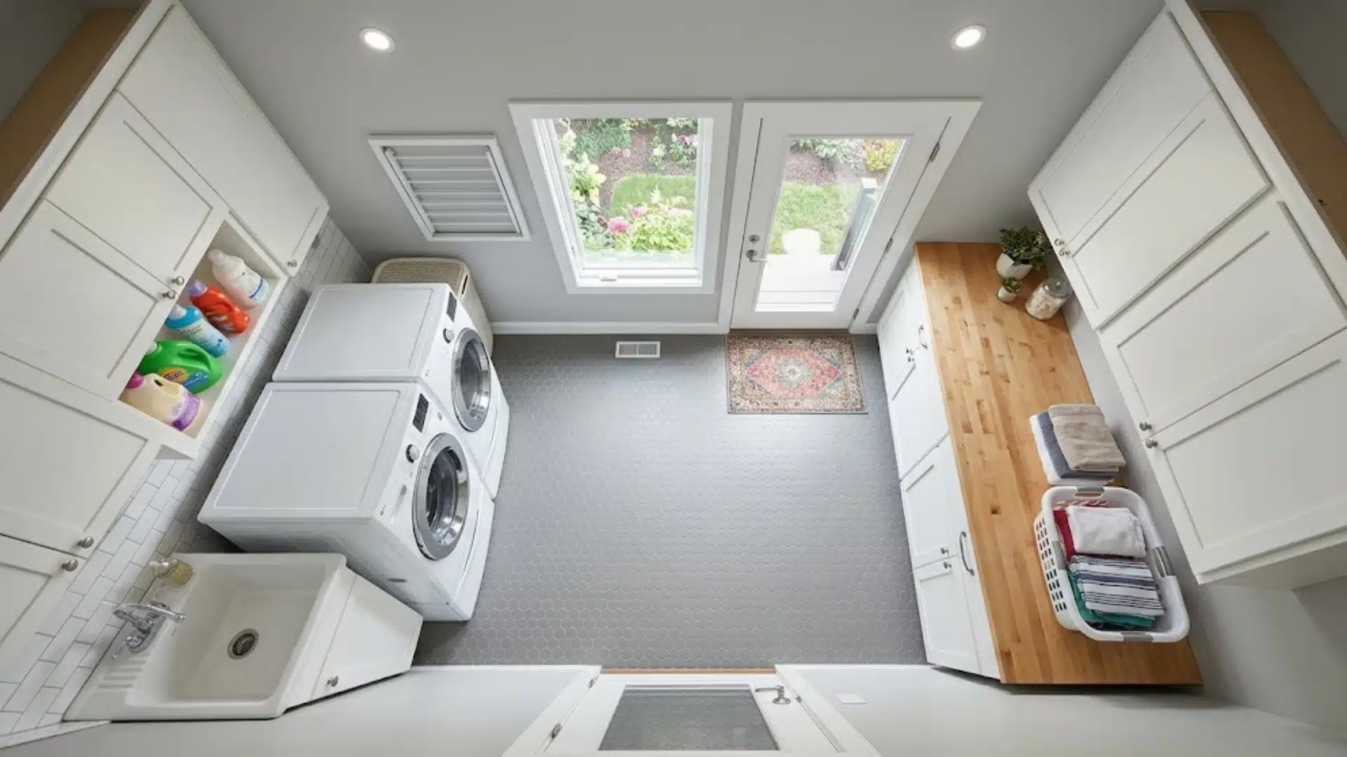 Parallel-wall laundry room with white cabinets, wood counter, sink, and machines.