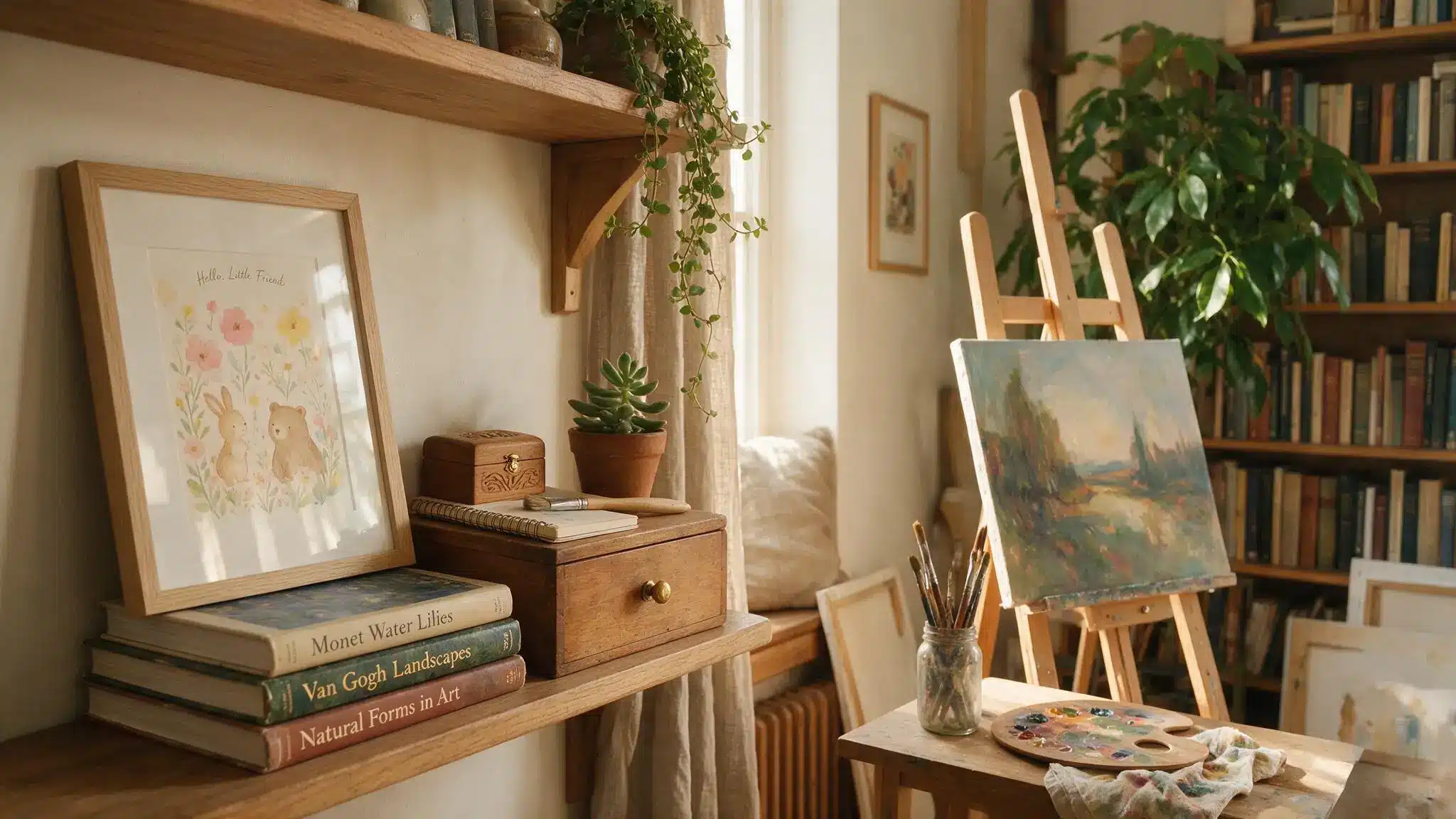 Personalized art studio corner with framed artwork, art books, plants, painting supplies, and meaningful decor arranged around a wooden easel and shelves.