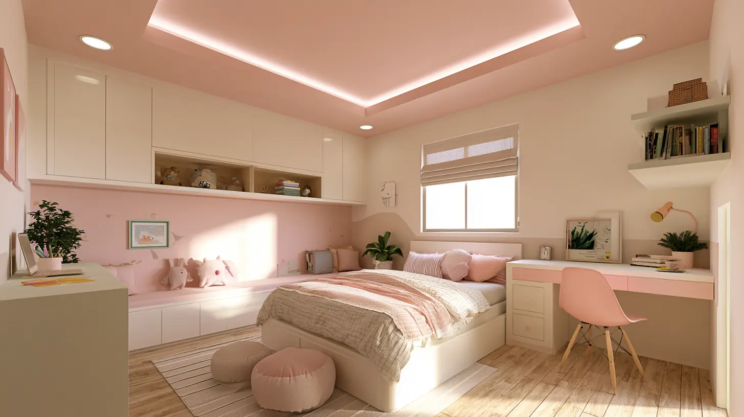 Pink-and-white bedroom with a neatly made bed, built-in cabinets, desk and chair, bookshelves, plants, and two round ottomans.