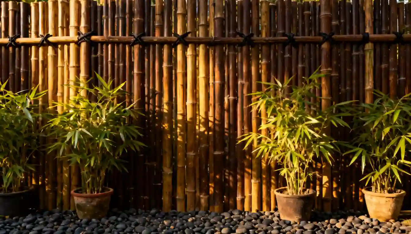 Potted bamboo plants in front of a tall, dark bamboo fence with a cobblestone ground.