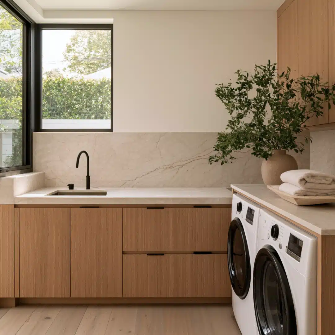Wood cabinet laundry room with a full height stone backsplash and sink.