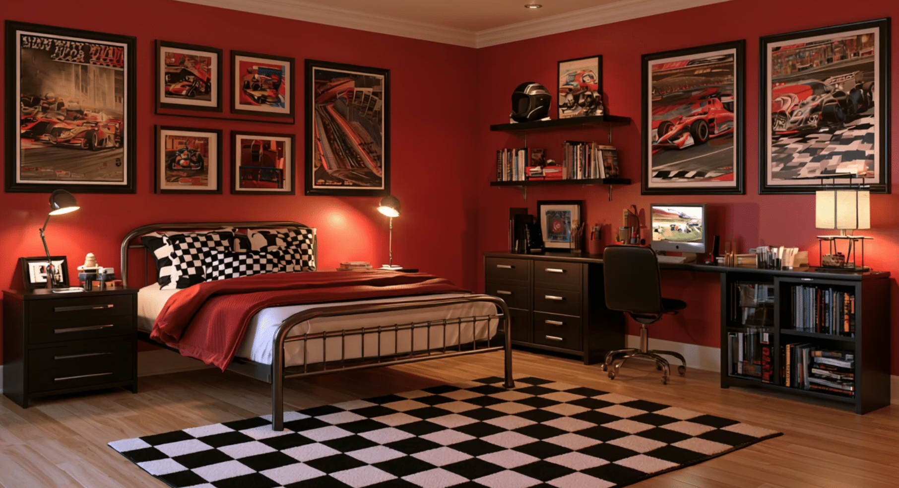 Red race-car-themed bedroom with a metal bed, checkered bedding and rug, framed automotive artwork, bookshelves, and a compact desk setup.