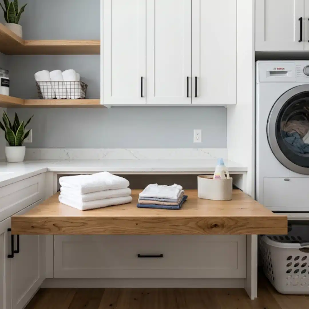 Pull out wooden folding surface with towels in a small laundry room.