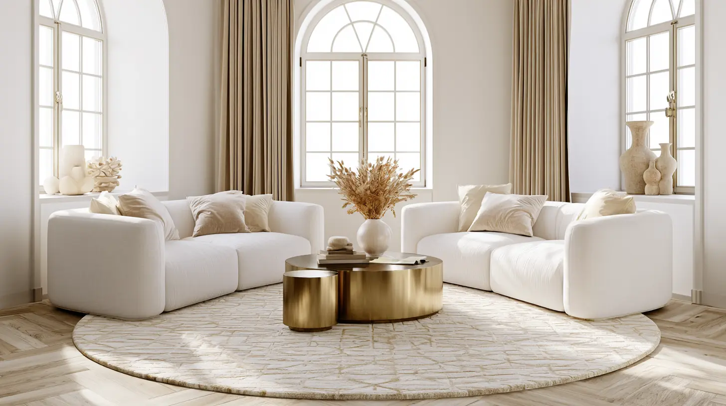 A modern living room featuring white furniture complemented by elegant gold accents throughout the decor.