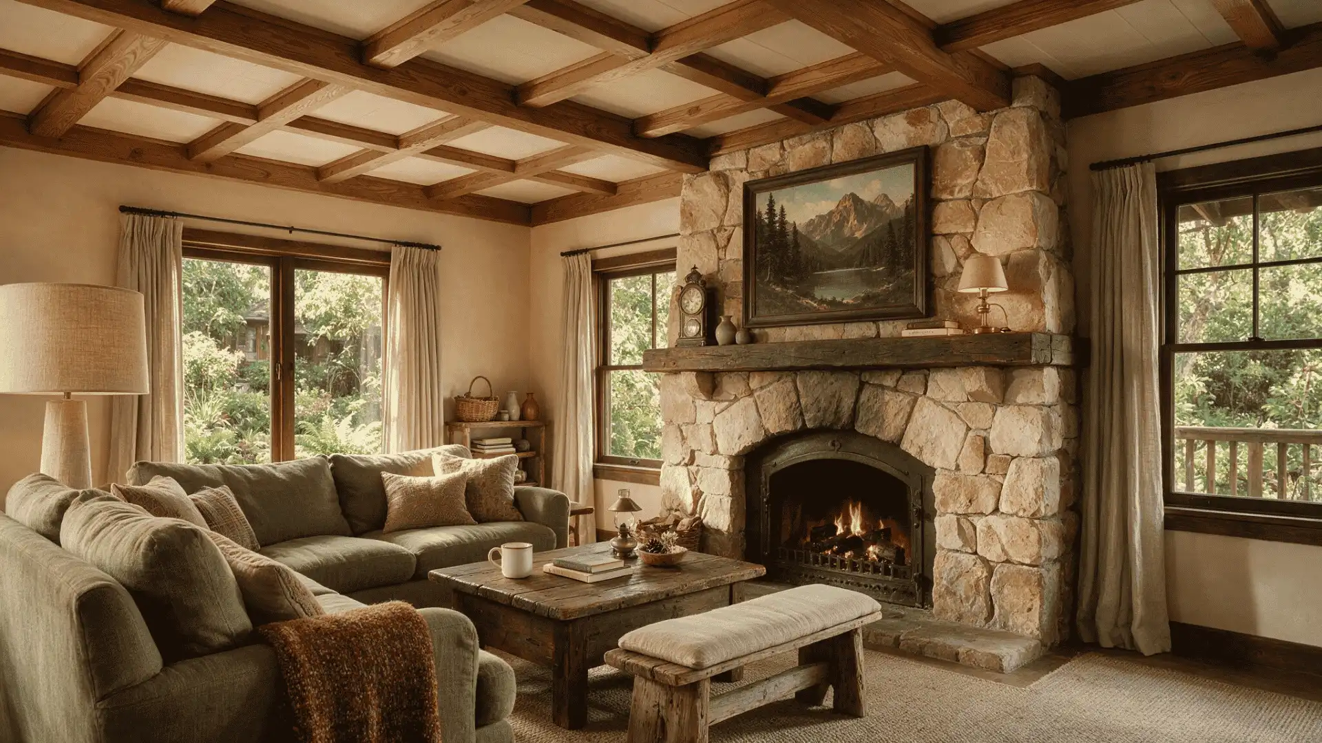 Rustic living room with stained wood coffered ceiling and stone fireplace
