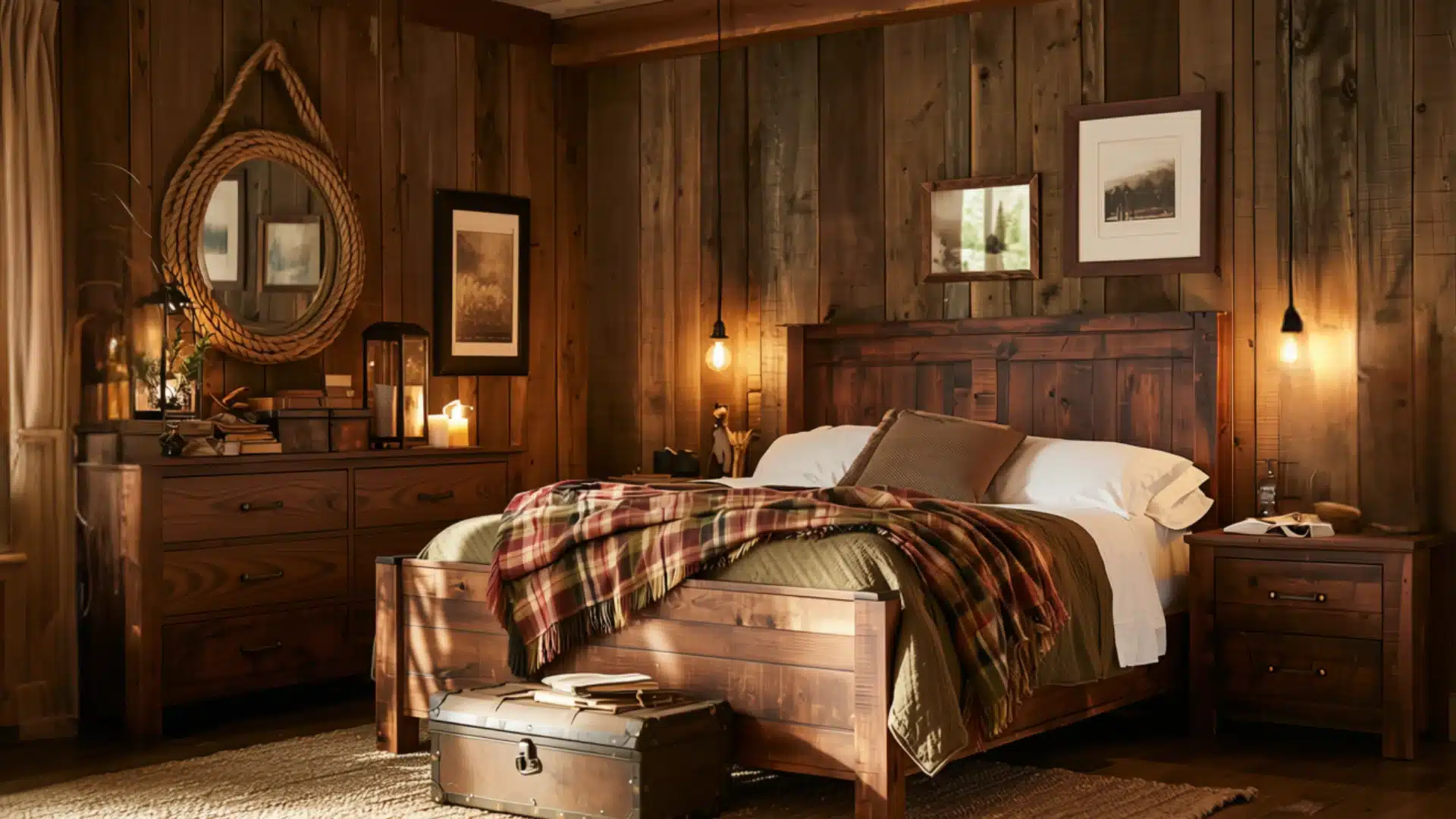 Rustic wooden bedroom with a log-style bed, plaid blanket, warm pendant lights, dresser, mirror, and framed wall art.