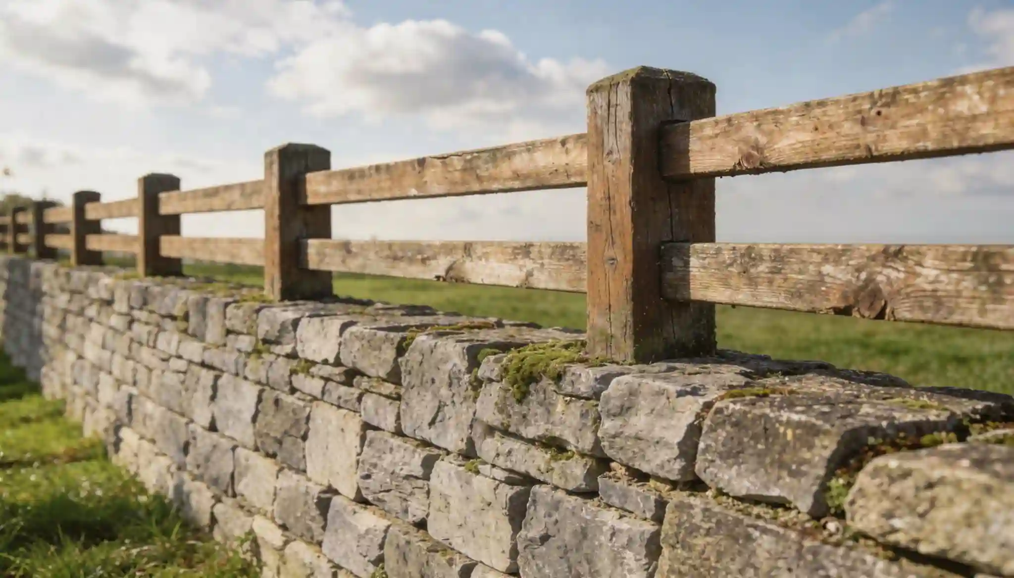 Rustic wooden rail fence set above a low weathered stone wall in a green field.