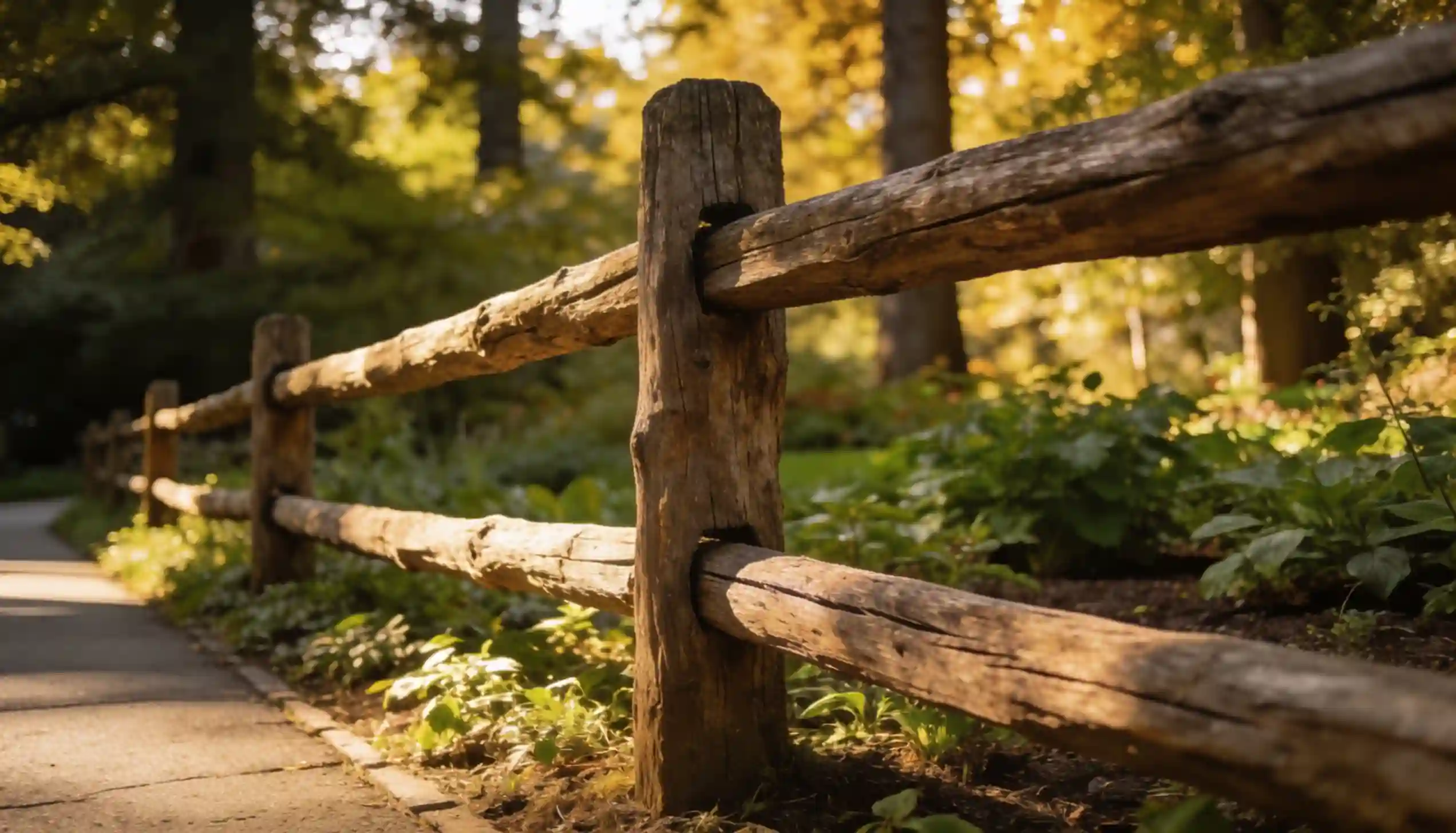 Rustic wooden split-rail fence bordering a paved path through a sun-dappled forest.