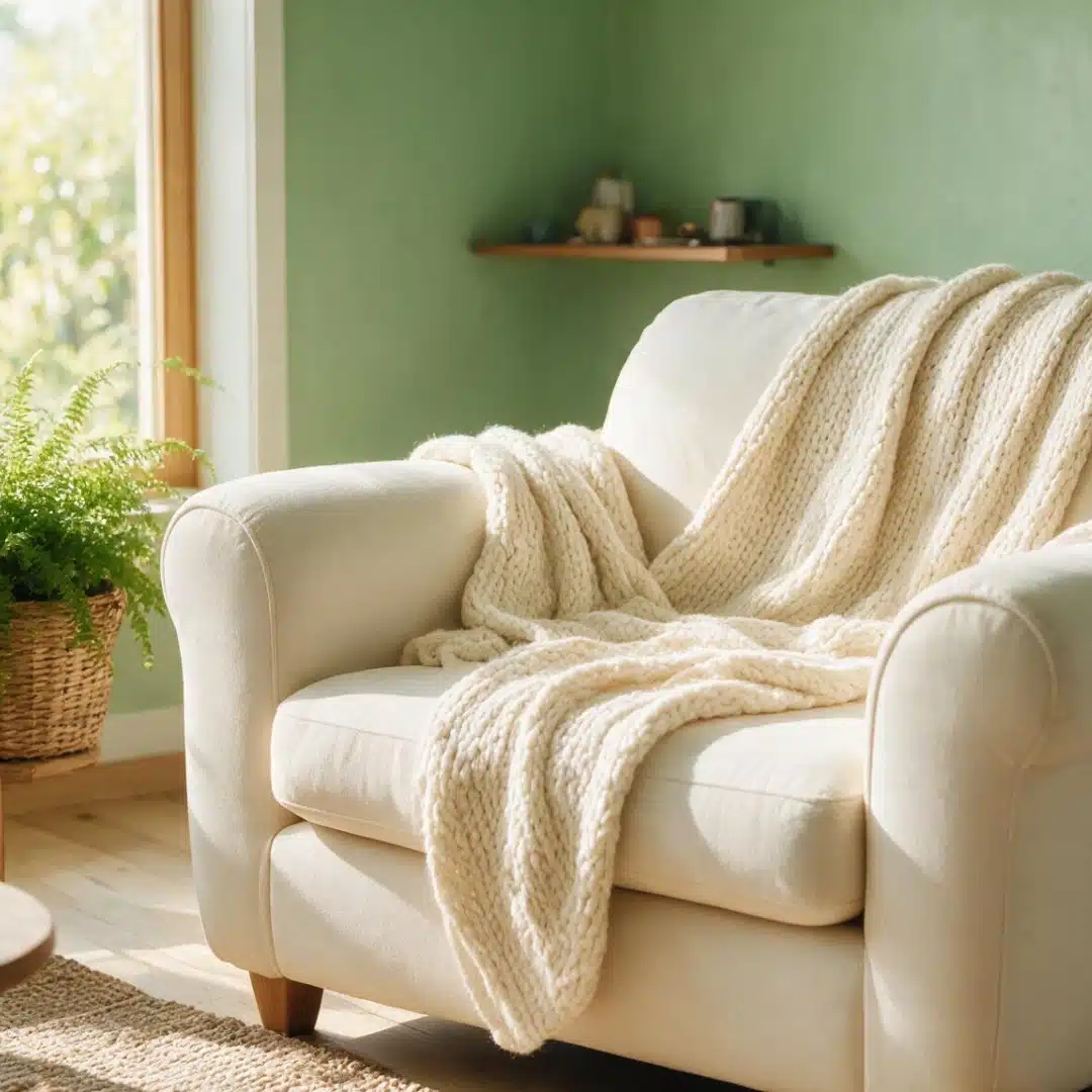 Cream armchair with a knit blanket in front of a sage green wall