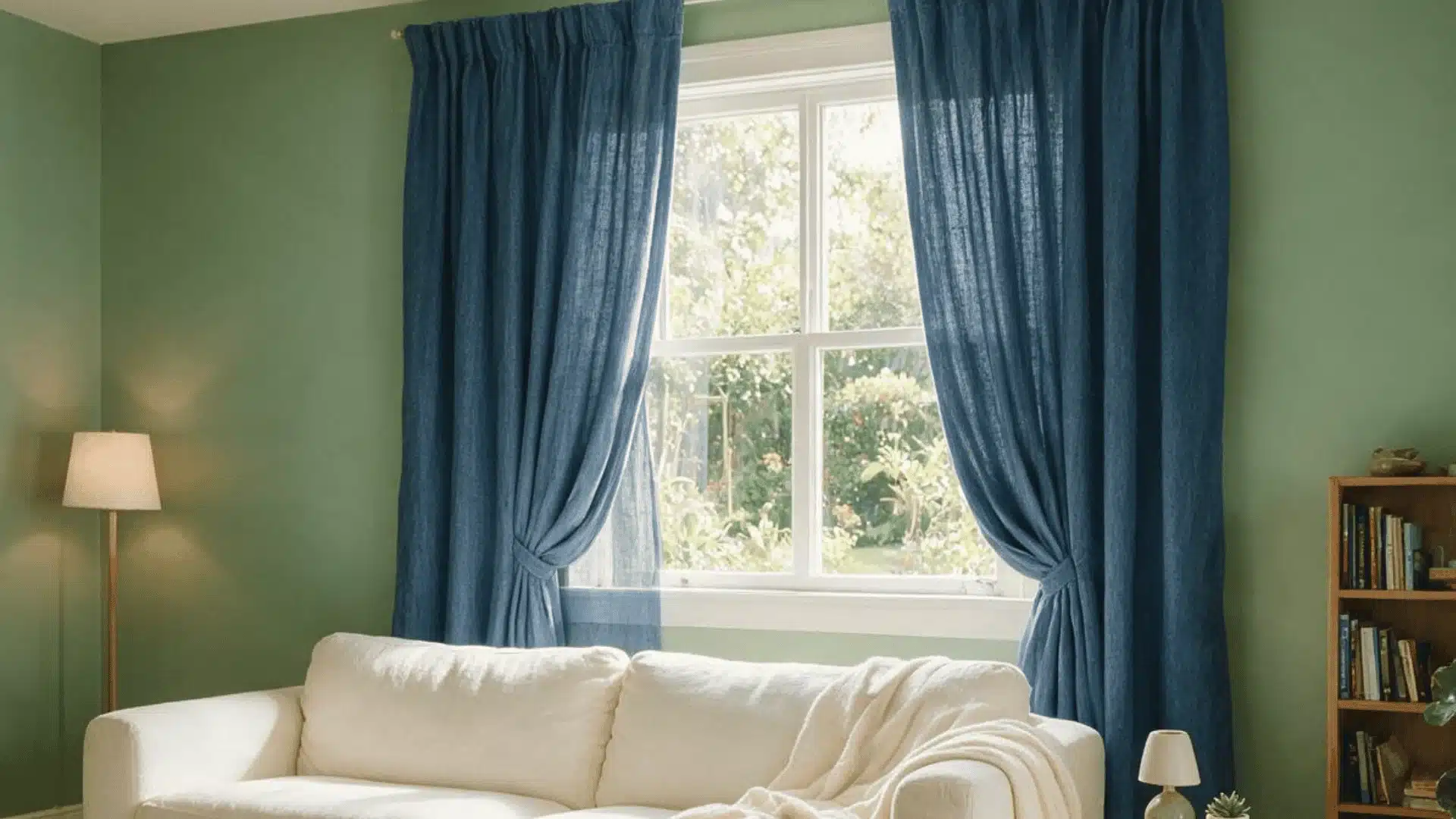 Blue curtains hanging in a room with sage green walls and white sofa