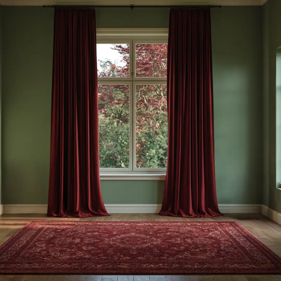 Burgundy curtains and rug in a room with sage green walls