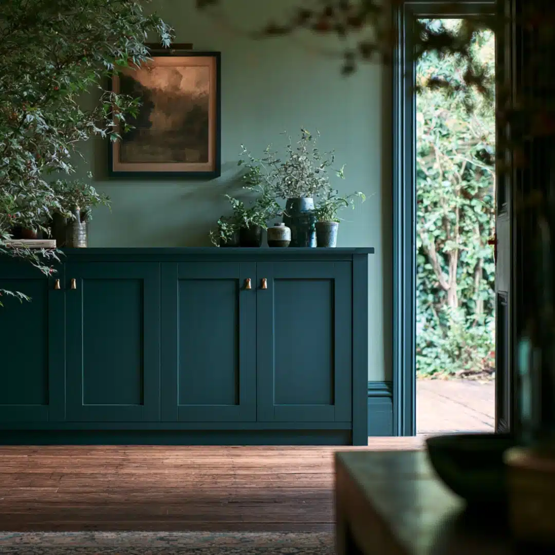 Deep teal cabinets set against sage green walls