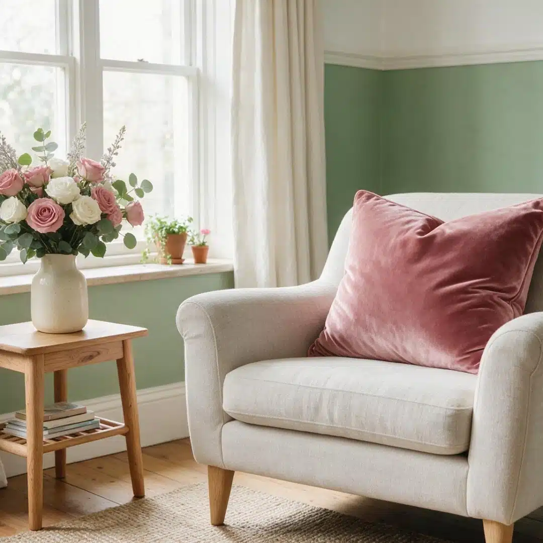 Dusty rose pillow on cream armchair in a sage green room