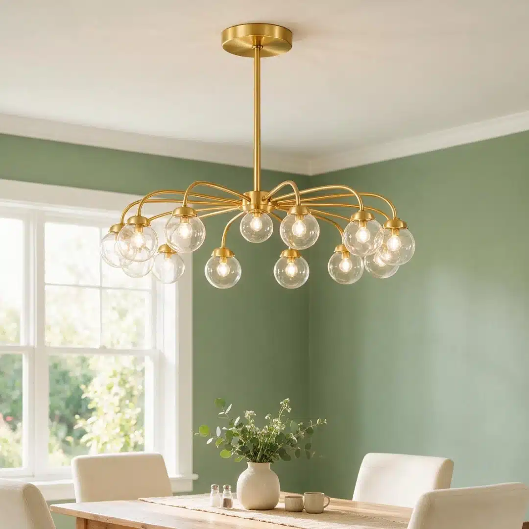 Brass chandelier hanging above dining table in a sage green room